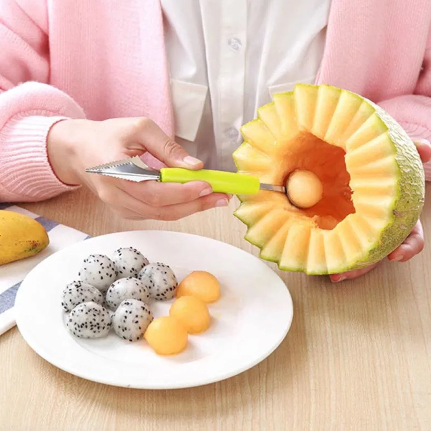 7031 Multifunctional Stainless Steel Fruit, Vegetable Pattern Carving Knife Peeler Corer Spherical Dig Ball Scoop, Garnishing Dig Ball Spoon Kit. DeoDap 7031 Multifunctional Stainless Steel Fruit, Vegetable Pattern Carving Knife Peeler Corer Spherical Dig Ball Scoop, Garnishing Dig Ball Spoon Kit. DeoDap